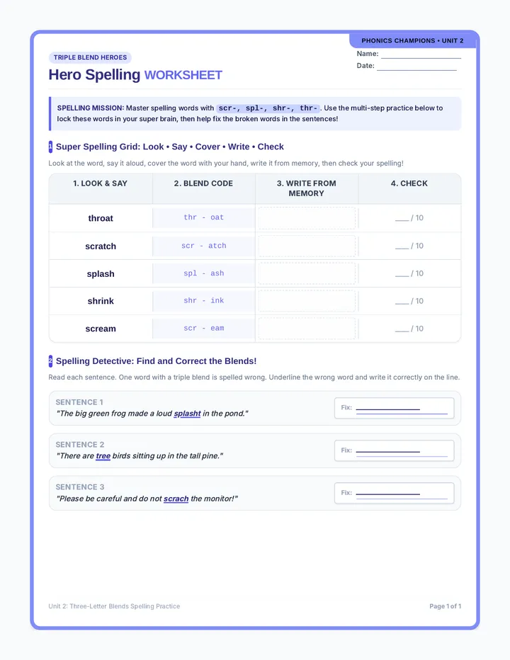 Hero Spelling Worksheet