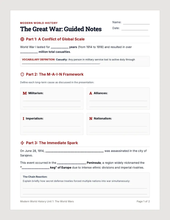Great War Guided Notes