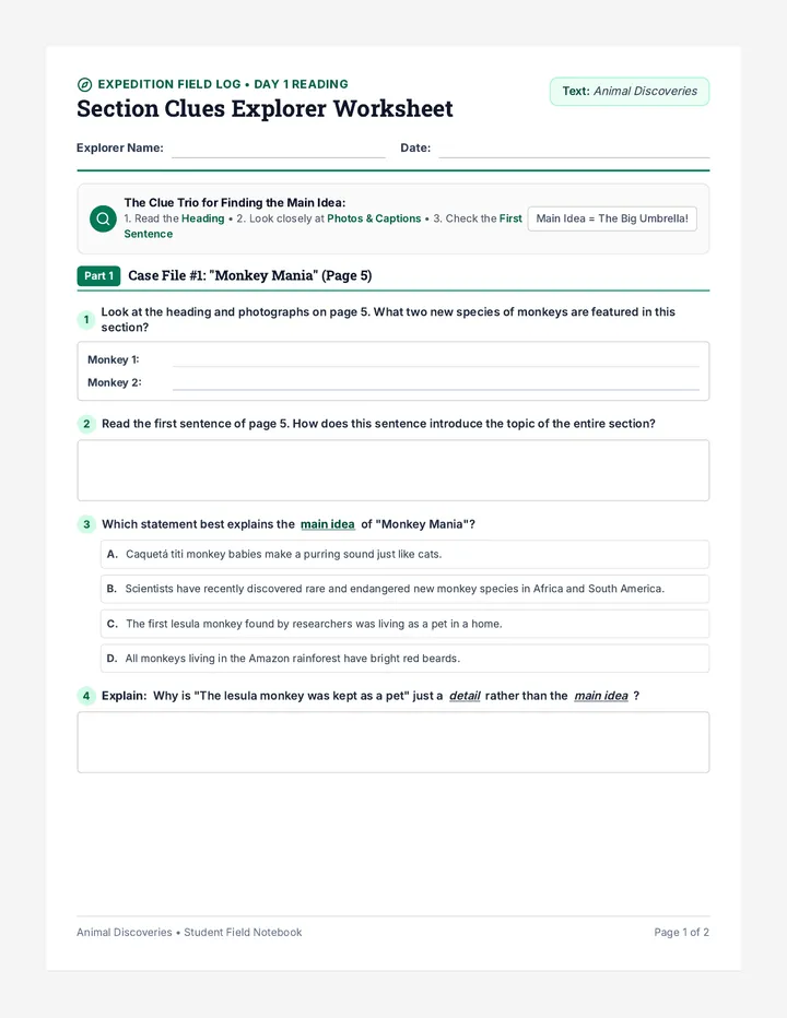 Section Clues Explorer Worksheet