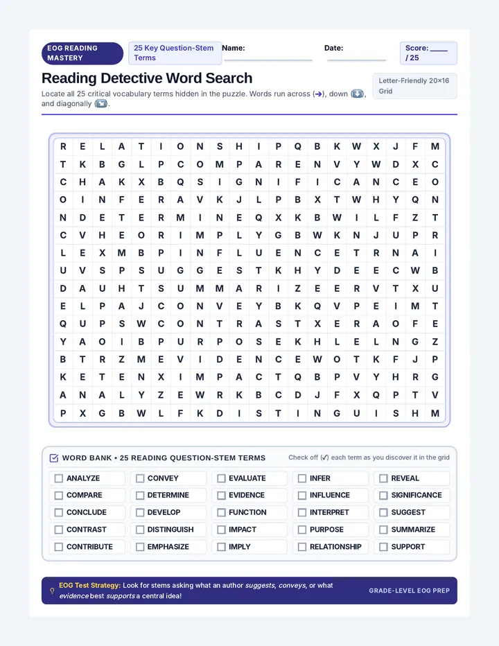 EOG Vocabulary Word Search Worksheet