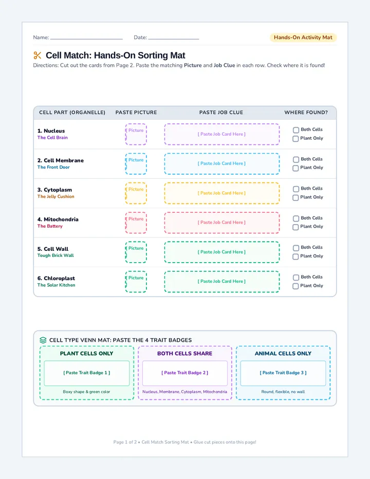 Cell Match Sorting Activity