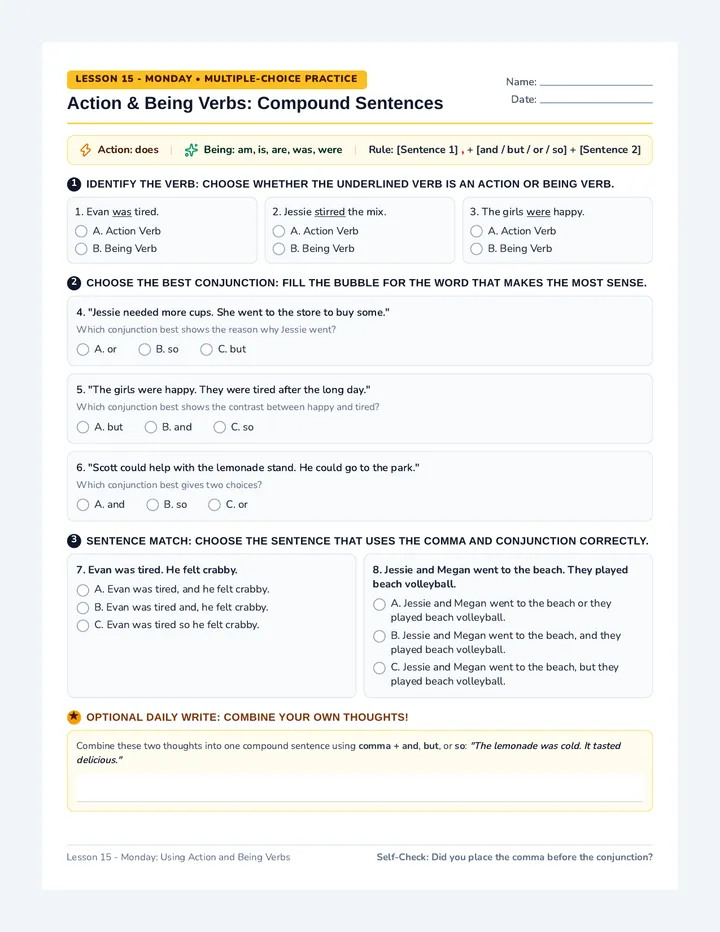 Lemonade Verbs Worksheet