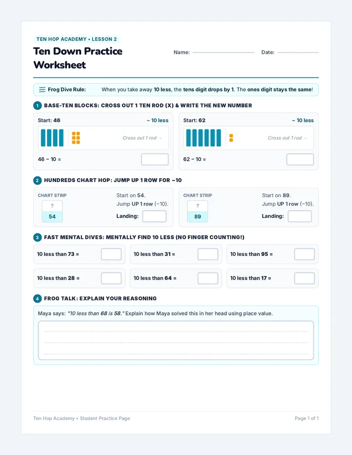 Ten Down Practice Worksheet