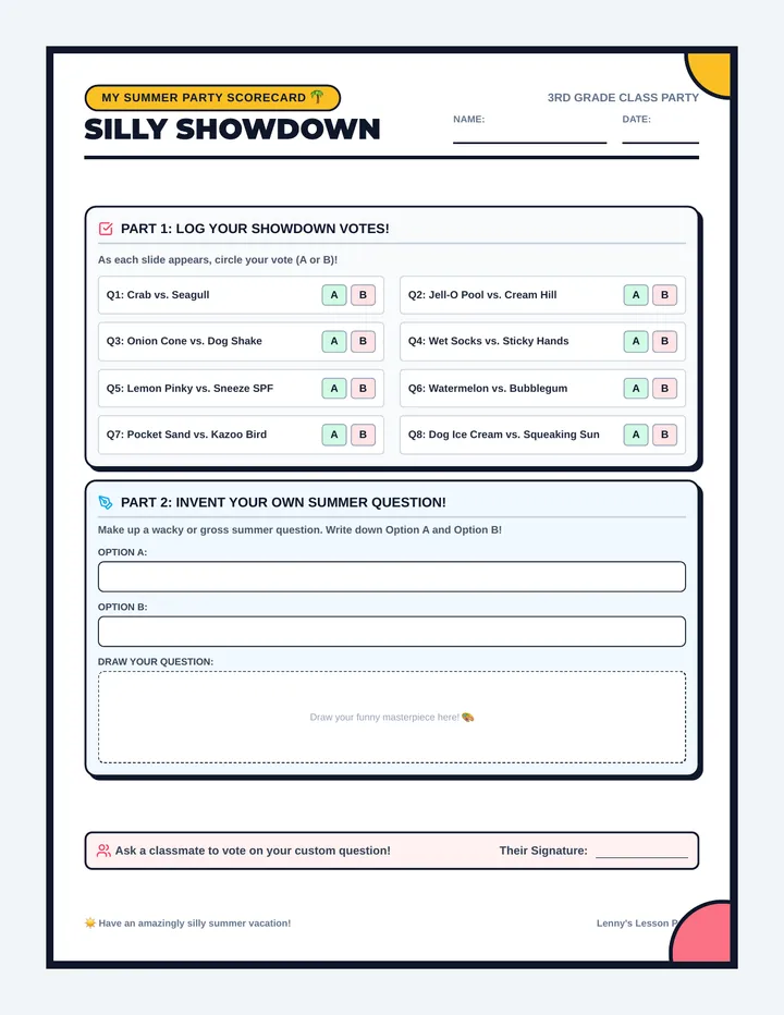 Silly Showdown Scorecard Worksheet