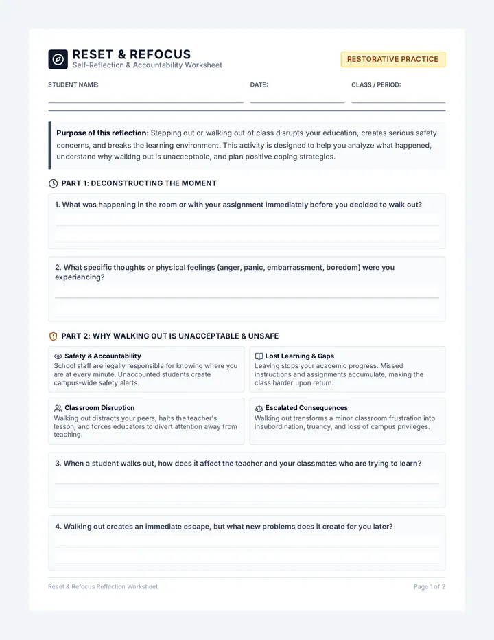 Reset Refocus Reflection Worksheet