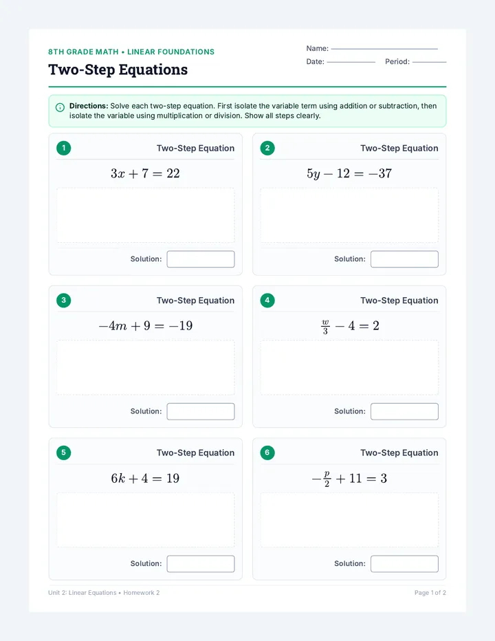 Two Step Equations Homework