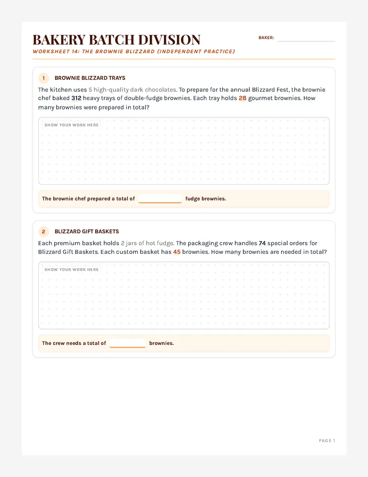 Brownie Blizzard Practice Worksheet