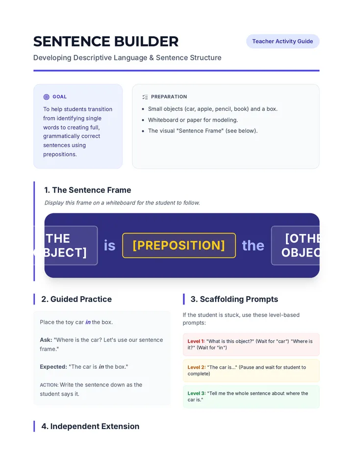 Preposition Sentence Building Activity