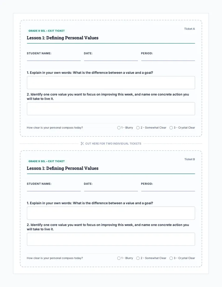 Core Values Exit Ticket