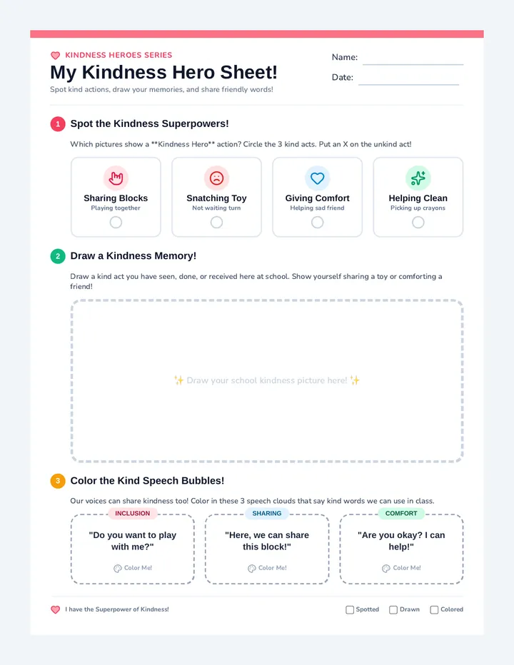 Kindness Heroes Reflection Sheet