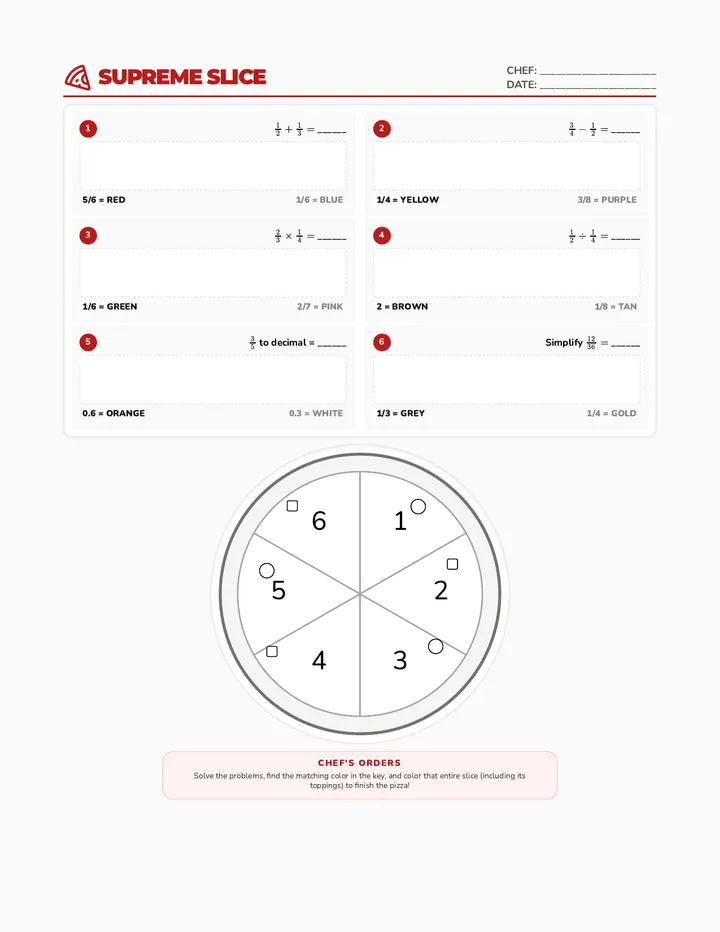 Supreme Slice Color Worksheet