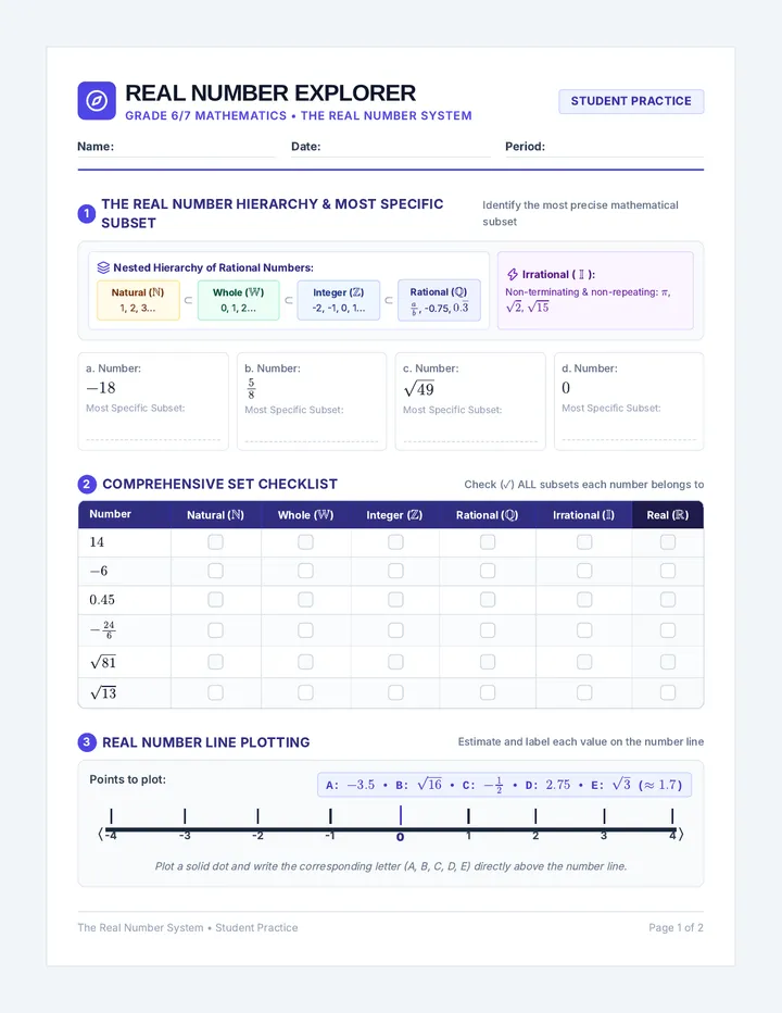 Real Number Explorer Worksheet