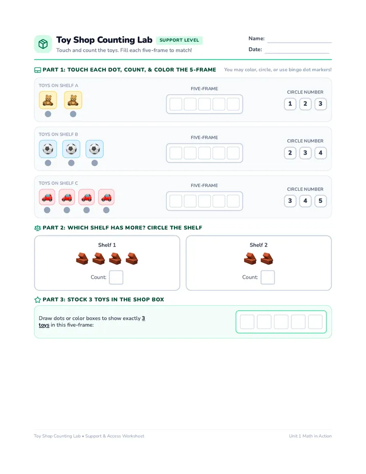 Toy Shop Counting Support Worksheet