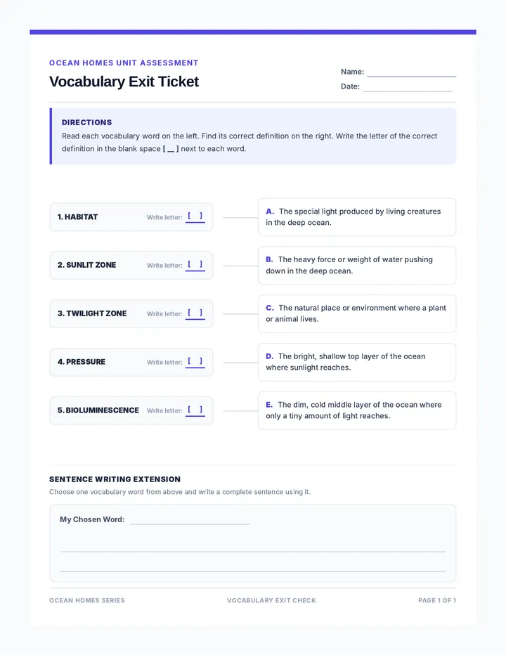 Ocean Vocabulary Exit Ticket