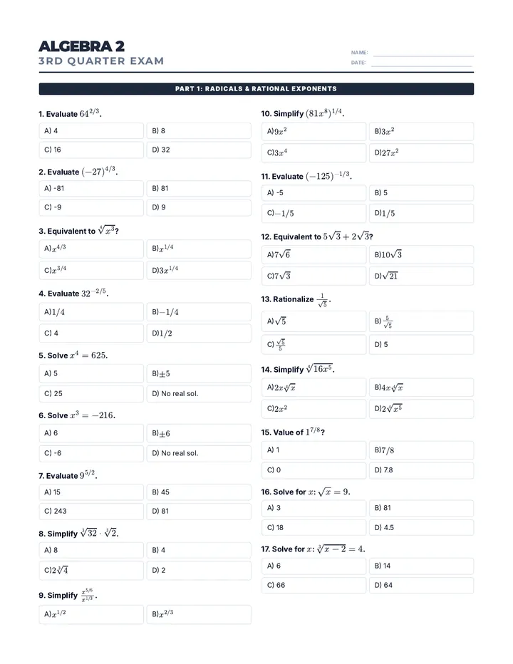 Algebra 2 Q3 Exam 3 Page MCQ