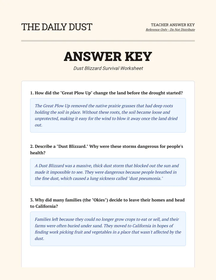 Dust Blizzard Survival Answer Key