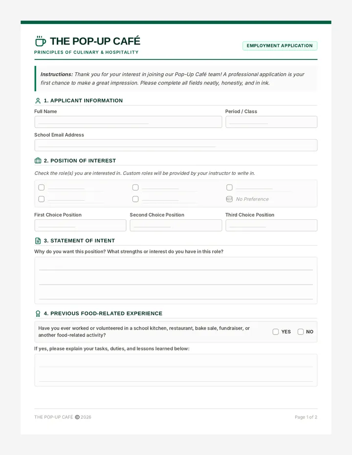 PopUp Cafe Employment Application