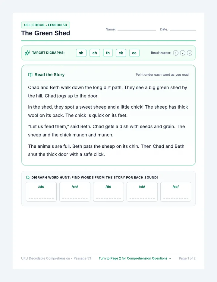 Green Shed Comprehension Worksheet