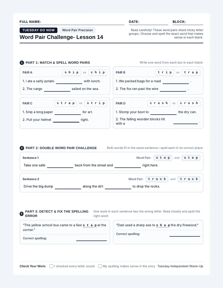 Tuesday Minimal Pairs Worksheet