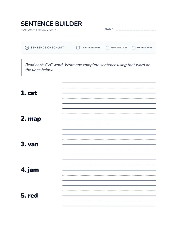 Sentence Builder Set 7 Worksheet