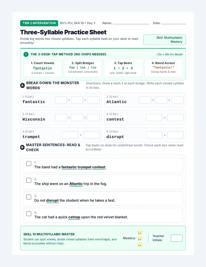 Three Syllable Practice Worksheet