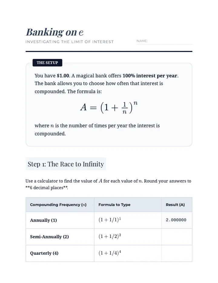 Banking on e Worksheet