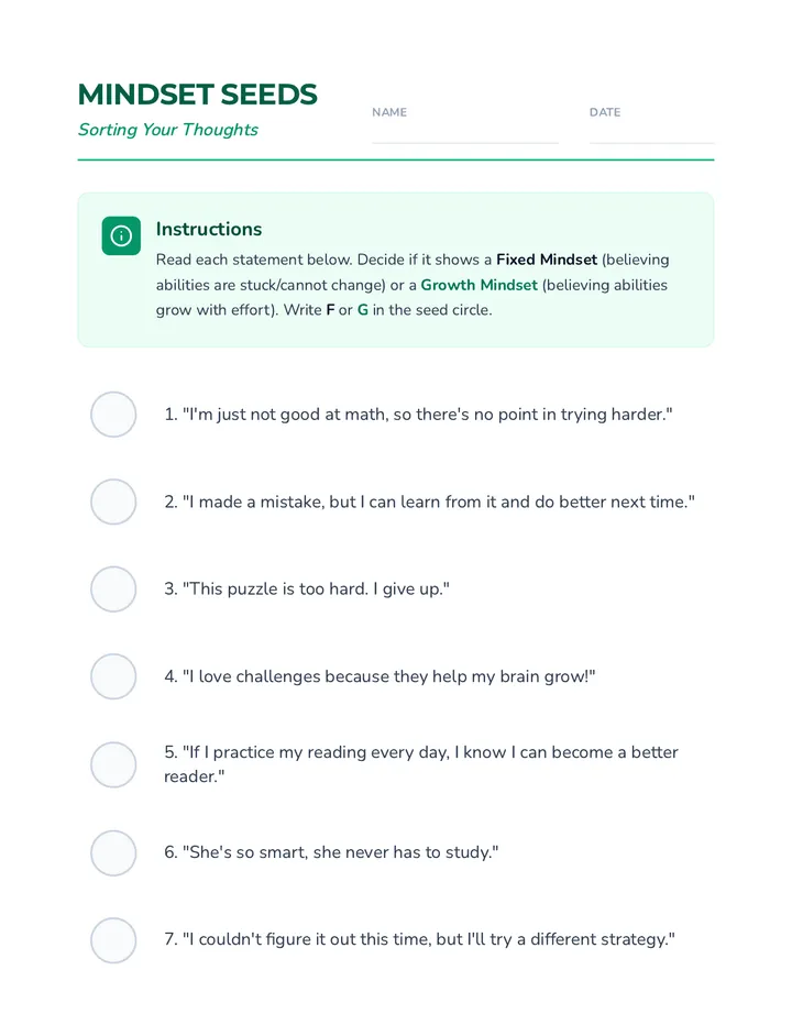 Mindset Seeds Worksheet