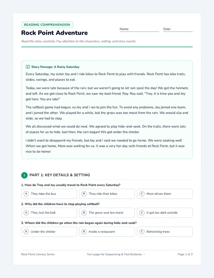 Rock Point Reading Worksheet