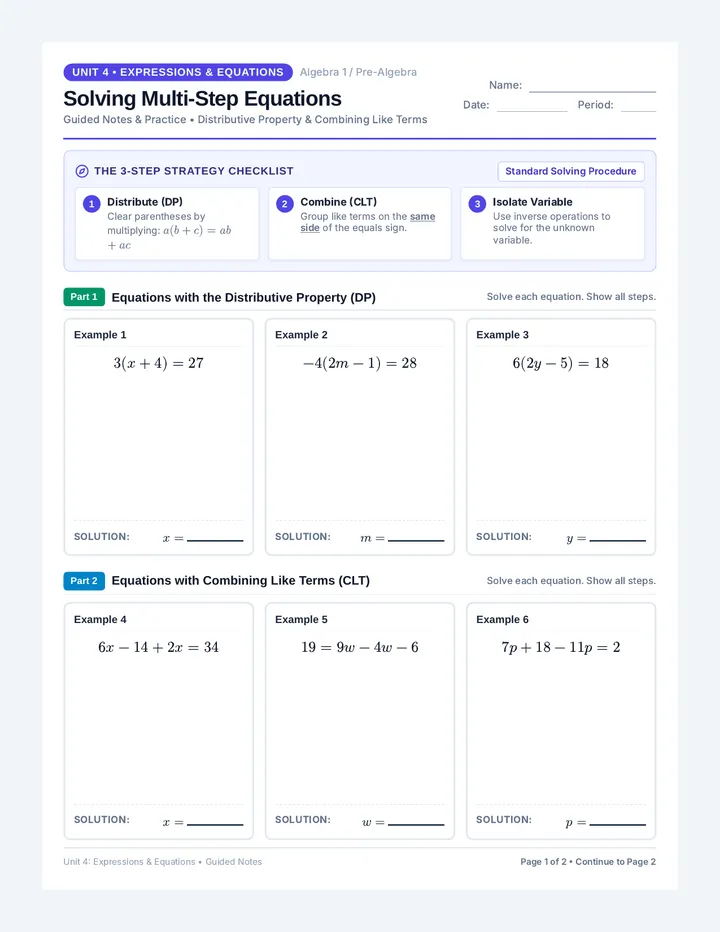 Multi-Step Equations Guided Notes