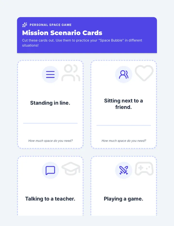 Simplified Personal Space Cards Worksheet