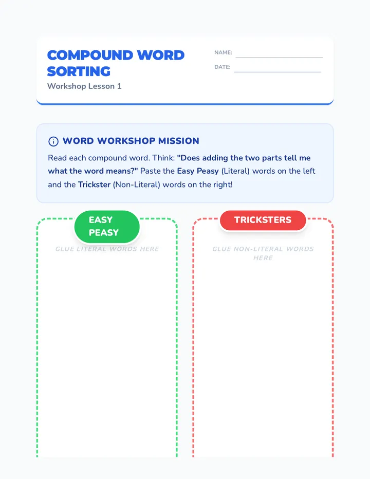 Literal vs Non-Literal T-Chart Worksheet