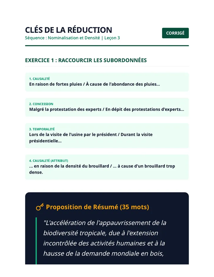 Clés de la Réduction Answer Key