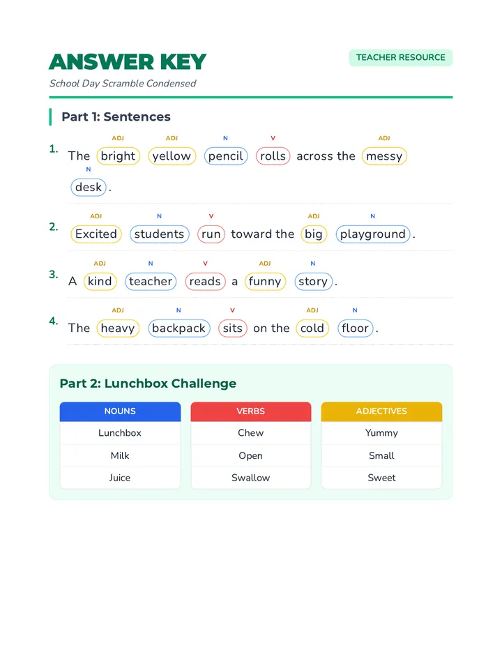 School Day Scramble Answer Key