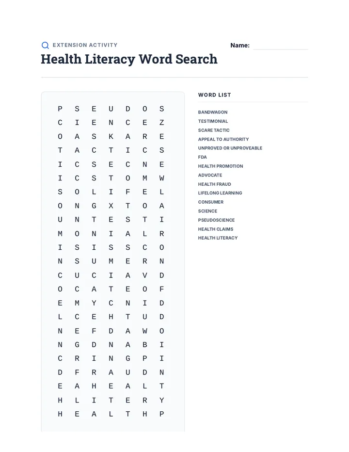 Health Literacy Word Search Puzzle