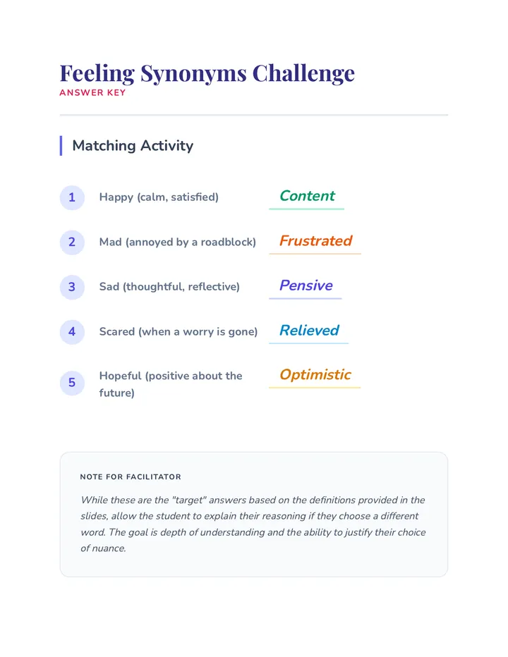Synonym Challenge Answer Key