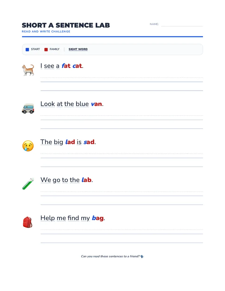 Short a Sentence Lab Worksheet