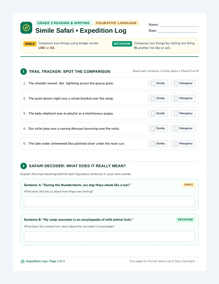 Simile Safari Worksheet