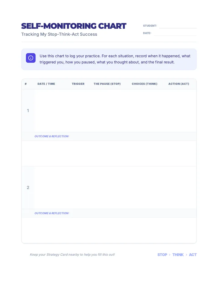 Self Monitoring Chart Worksheet