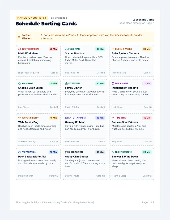 Schedule Sorting Cards