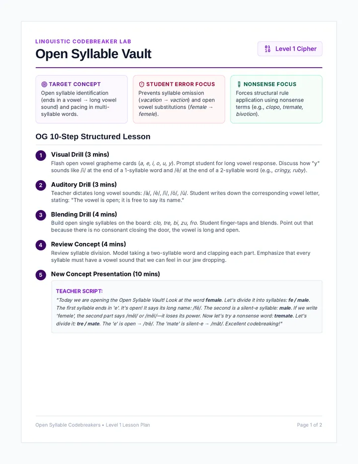 Open Syllable Vault Teacher Guide