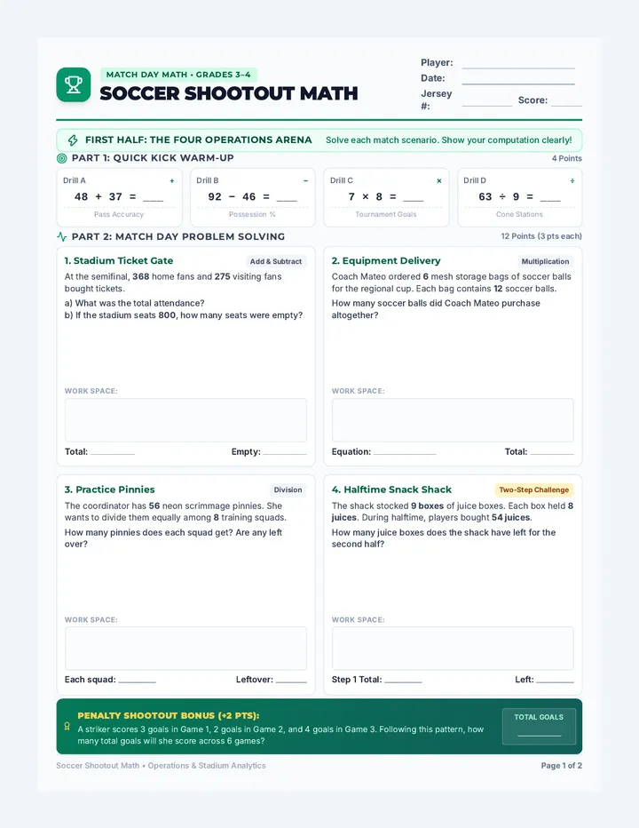 Soccer Shootout Math Worksheet