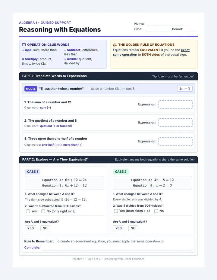 Equation Reasoners Worksheet