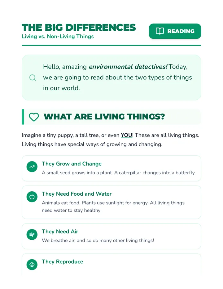 Living vs Non-Living Reading Passage