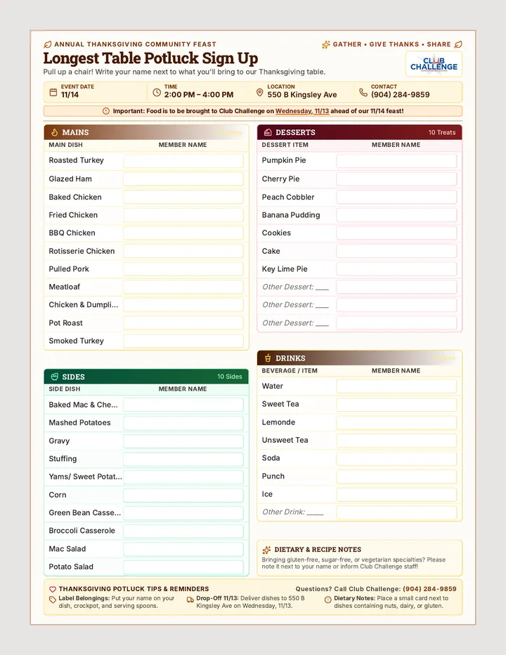 Longest Table Potluck Sign Up Sheet