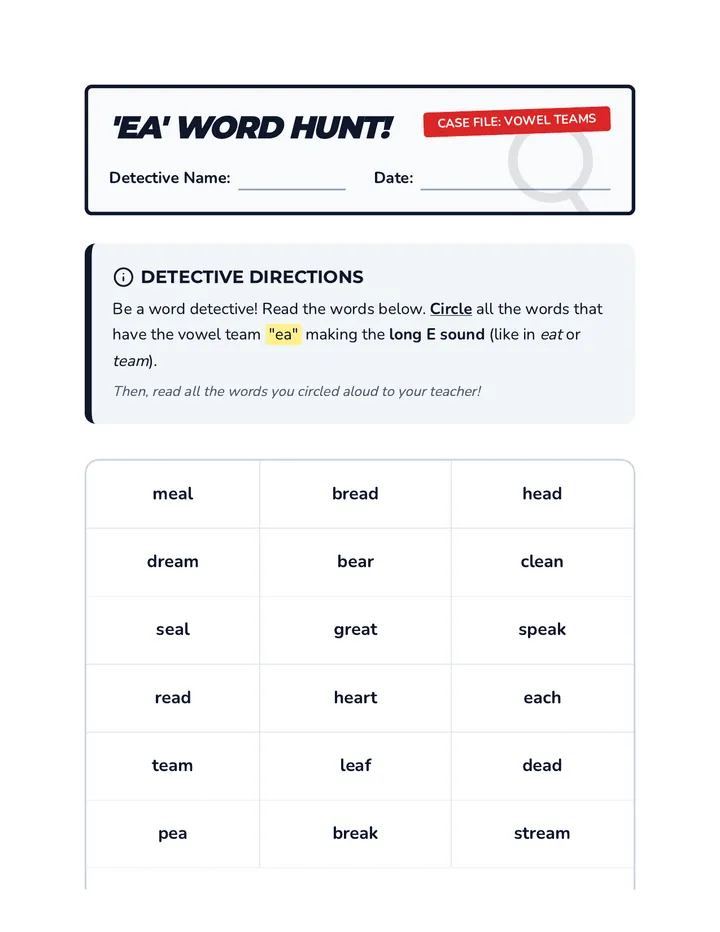ea Word Hunt Worksheet