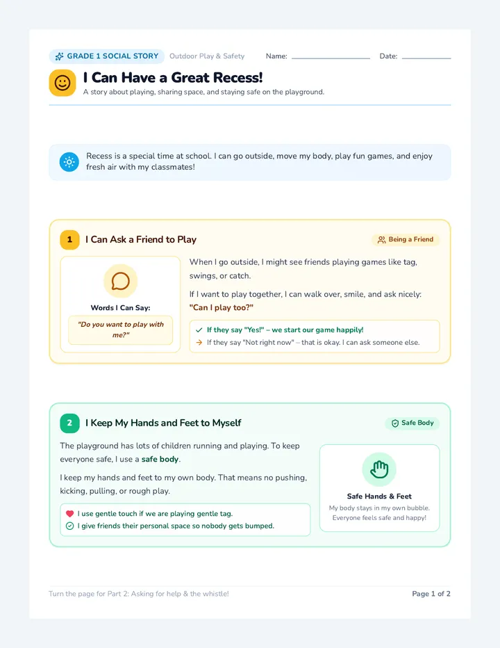 Safe Recess Social Story