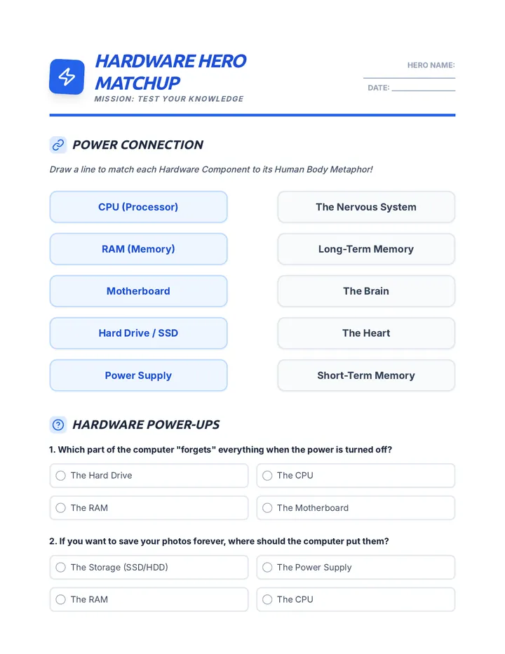 Hardware Hero Matchup Worksheet