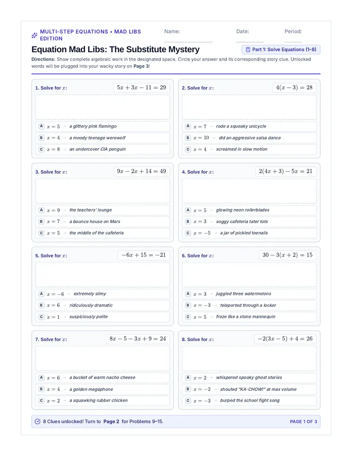 Equation Mad Libs Worksheet