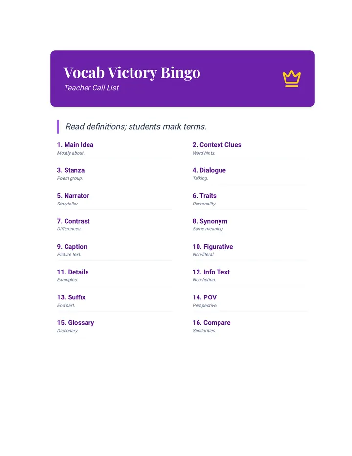 Vocab Victory Bingo Game