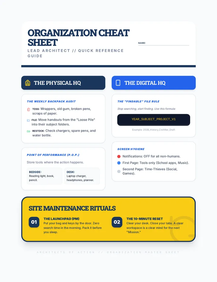 Organization Cheat Sheet Handout